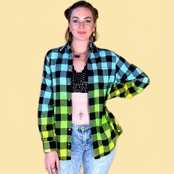 Oversized Tie Dye Flannel Shirt Neon Blue Green Yellow Dip Dye Gradient Cotton - Picture 1 of 6
